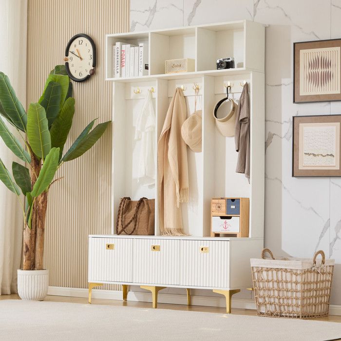 Ensemble armoire blanc 120x40x191 cm avec banc de rangement multifonctionnelarmoire rangement ouvert avec 6 crochets et pieds