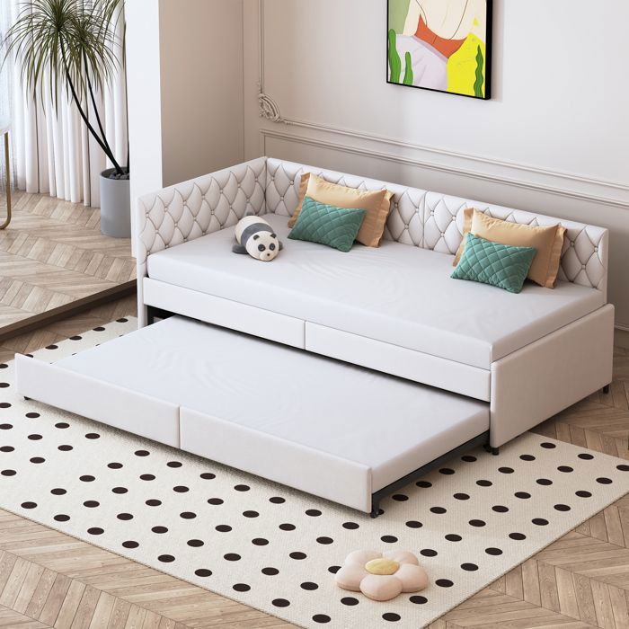 Lit gigogne 90x200 cm - LUMINARIX - Canapé-lit extensible - Velours beige - 2 places - Design moderne