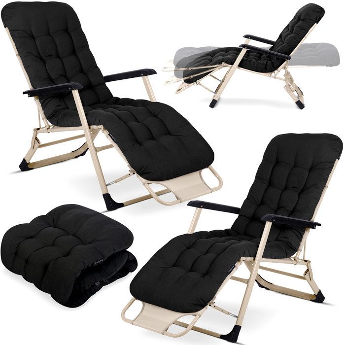 Chaise longue de jardin pliante - JANSHOP - Lot de 2 - Coussin inclus - Noir - Dossier réglable - Appuie-tête