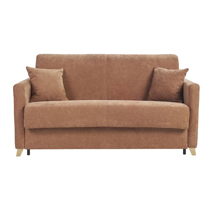 Miliboo - Canapé convertible 3 places en tissu effet velours terre brûlée et bois clair avec matelas 18 cm SKANDY Miliboo - Canapé convertible 3 places en tissu effet velours terre brûlée et bois clair avec matelas 18 cm SKANDY