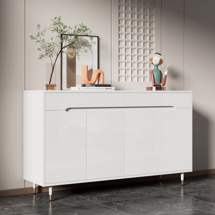 Meuble à chaussures - MODERNLUXE - 140x39x84cm - 2 portes - 2 tiroirs - Pieds dorés - Blanc