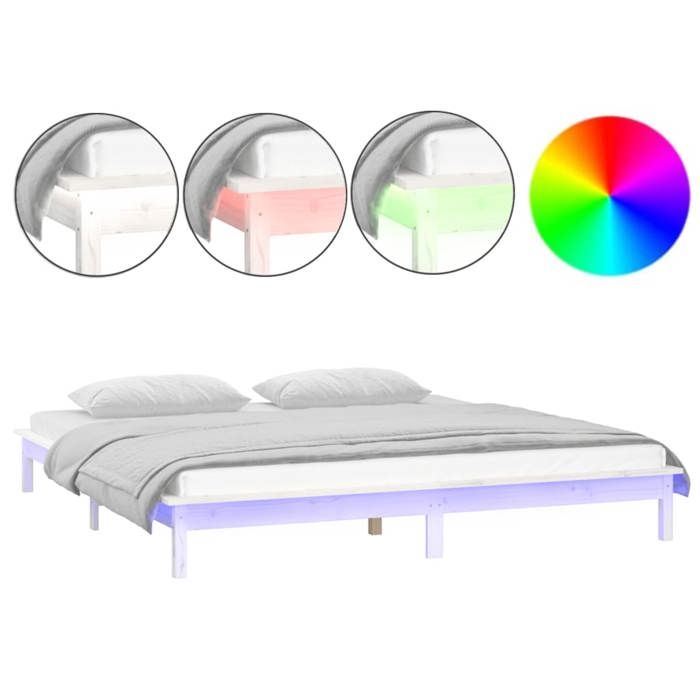 BEST-HOME Meuble de chambre - UU - Cadre de lit à LED sans matelas - blanc 140x190 cm bois massif HH14688