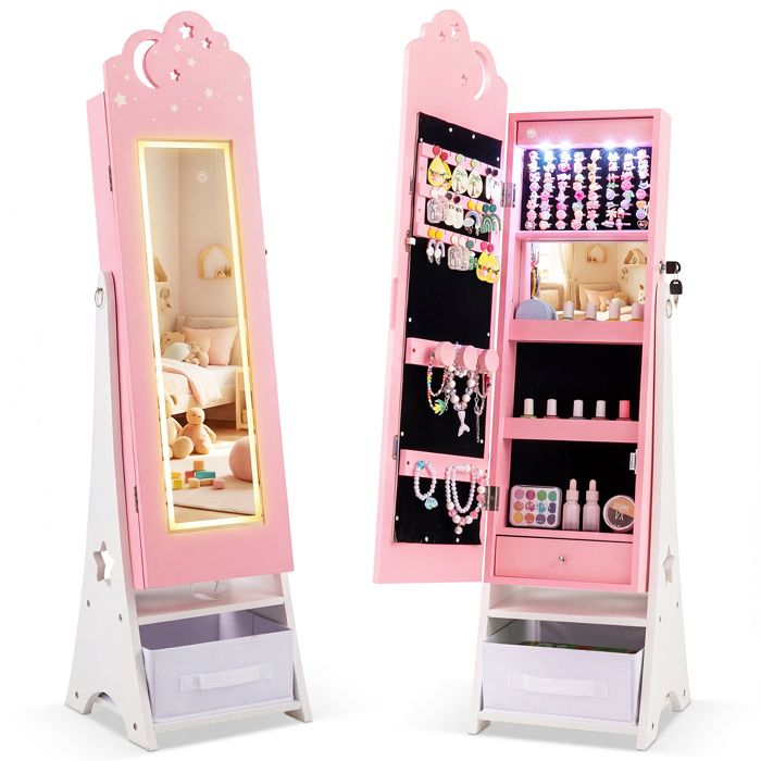 COSTWAY Armoire à Bijoux pour Enfants avec Miroir 2 en 1 - 4 Lumières Intérieures 305 x 305 x 1175 cm Rose