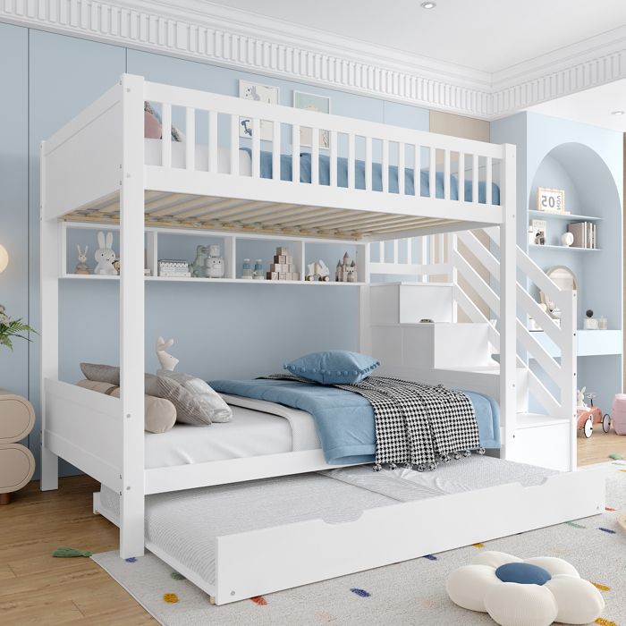 Lit superposé 90 x 200cm avec lit gigogne lit enfant en bois avec LED armoire et compartiment de rangement sommier à lattesblanc Lit superposé 90 x 200cm avec lit gigogne lit enfant en bois avec LED armoire et compartiment de rangement sommier à lattesblanc