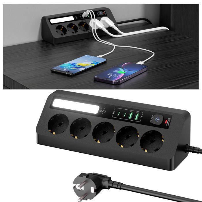 Multiprise universelle - QUBEBU - Universelle - 5 prises - 4 ports USB (2xUSB-C) 21W - Veilleuse LED réglable