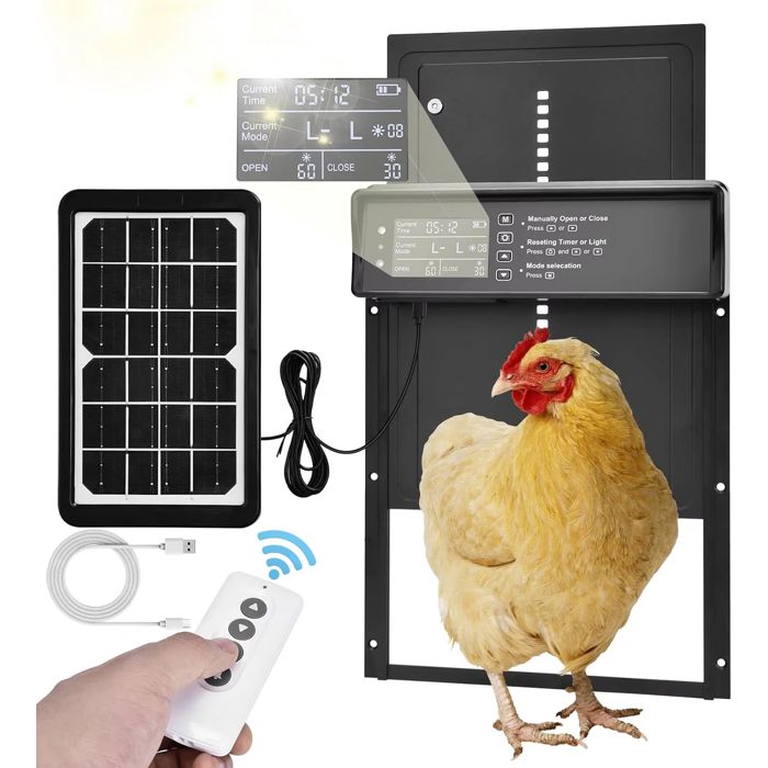 Meilleurs prix pour Porte Automatique Poulailler Solaire - 2000mAh - avec Affichage LED Minuterie Capteur de lumière - Télécommande Sans Fil - Noir