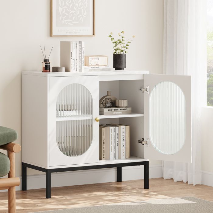 Buffet - Style contemporain - Particules mélaminé - 2 portes+2 étage -80 X 40 X 83CM -BLANC