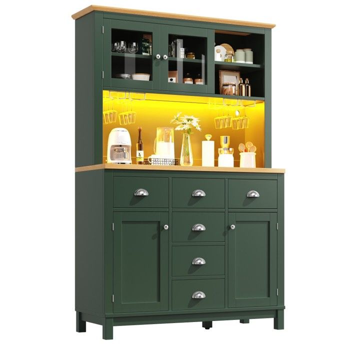 Buffet De Cuisine 104x40x180cm Meuble De Rangement Style Campagnard 4 Portes Éclairage LED Et Porte-gobelets Vert