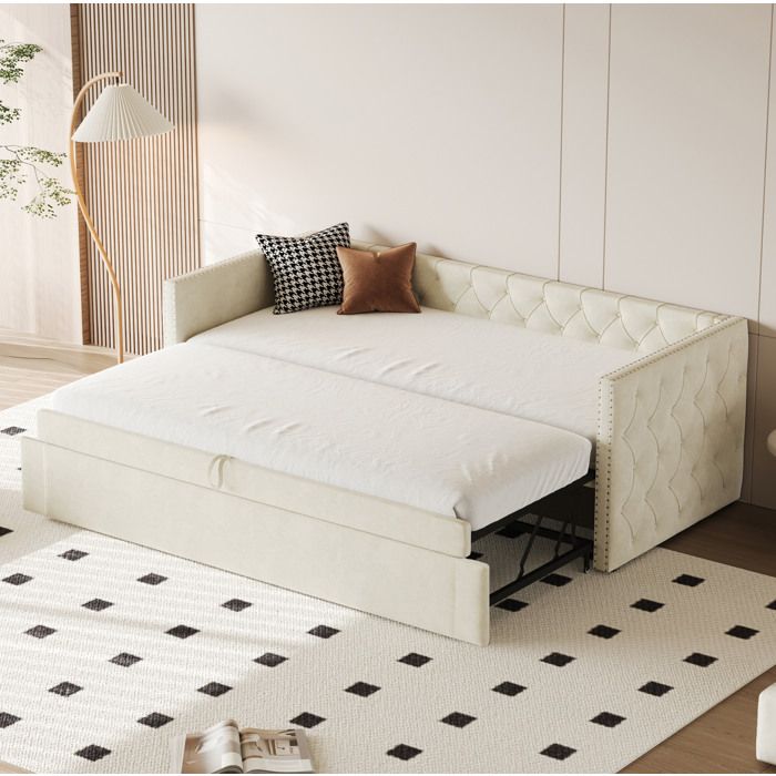 Lit banquette convertible rembourré en velours beige avec sommier à lattes