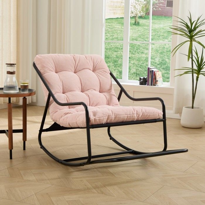 Fauteuil à bascule extérieur coussin épais rose structure noire salon chambre coin lecture 75x116x82cm Fauteuil à bascule extérieur coussin épais rose structure noire salon chambre coin lecture 75x116x82cm