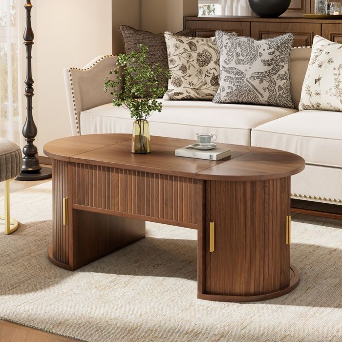 Table Basse avec Plateau Relevable 2 Portes Coulissantes et Étagères Ouvertes pour Salon et Bureau à Domicile - Bois Foncé