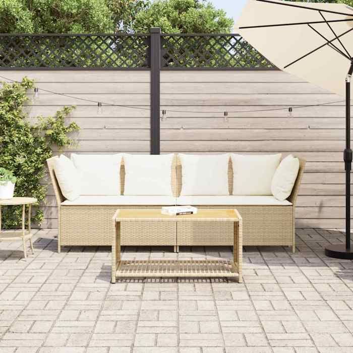 Beige Siège de jardin - Canapé de jardin - avec coussins - beige résine tressée C3843