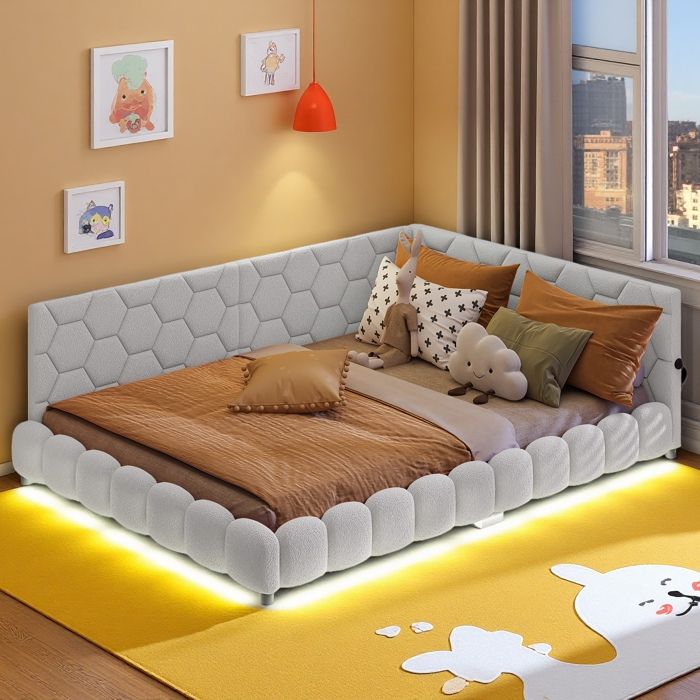 Lit Banquette 140x200 cm Multifonctionnel avec LED Chargement USB Canapé-Lit Lit Rembourré en L Dossier en Tissu Tissu Bouclé