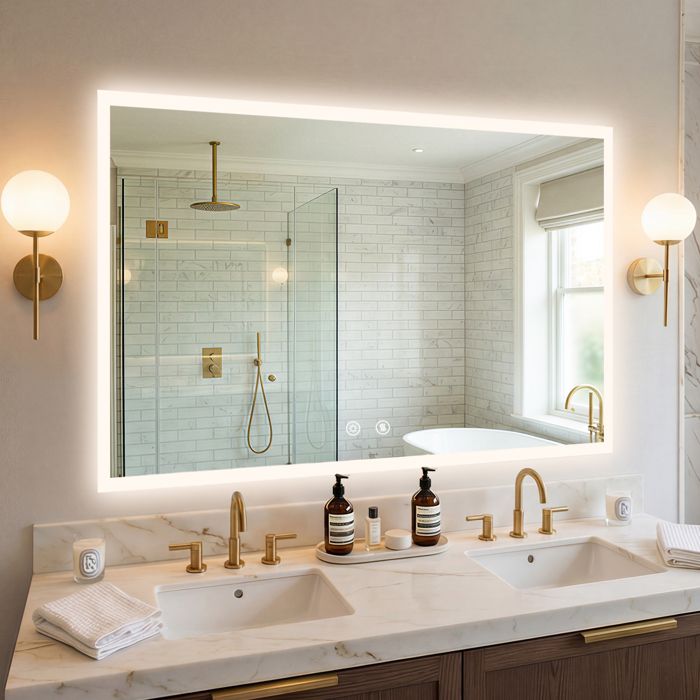 Miroir de Salle de Bain LED Rectangulaire - en Verre Trempé Anti-Buée 3 Températures de Couleur - 100x70cm