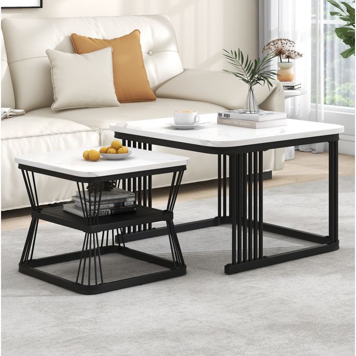 Set de 2 tables basses modernes blanches effet marbre avec piètement noir
