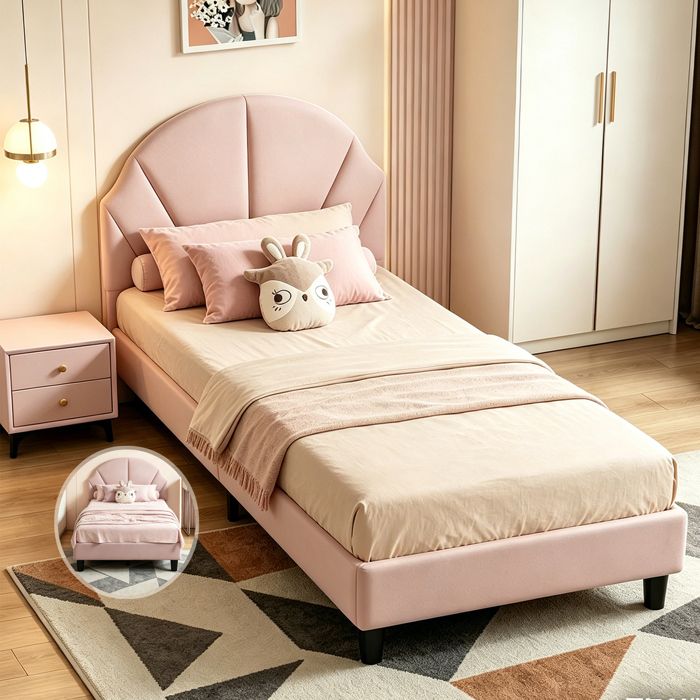 Lit enfant 90x200cm UTTQEW Lit Simple Capitonné 1 Personne Tête de lit réglable Velours Rose