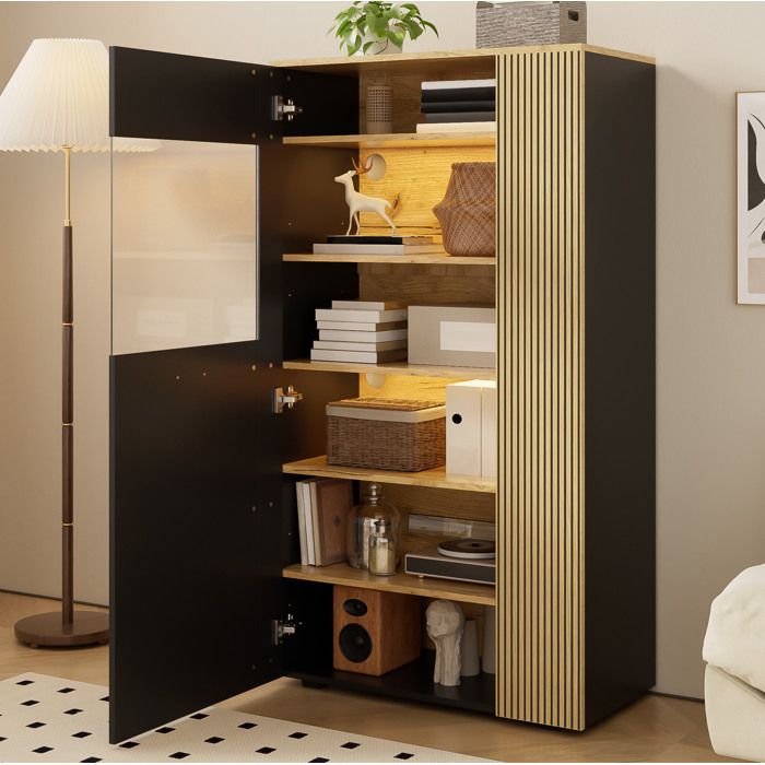 Vitrine 80x40x146 cm avec LED 16 couleurs porte vitrée étagères réglables noir et bois