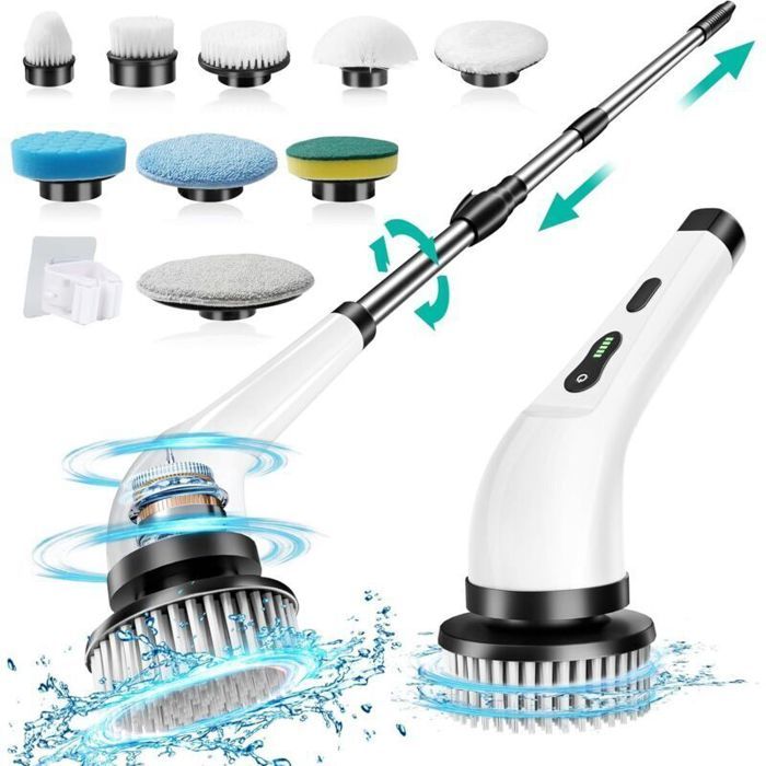Brosse Électrique Rotative - Nettoyage Puissant avec 9 Têtes Remplaçables Poignée Réglable Usage Salle de Bain Cuisine Voiture