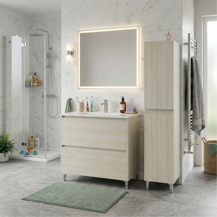 Ensemble meuble vasque L.80cm + 1 colonne sur pied 2 tiroirs Chêne blanchi LISBONA Ensemble meuble vasque L.80cm + 1 colonne sur pied 2 tiroirs Chêne blanchi LISBONA