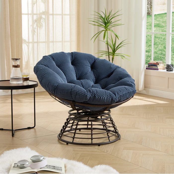 Fauteuil papasan pivotant 1 personne rotatif 360° acier et rotin PE coussin bleu marine