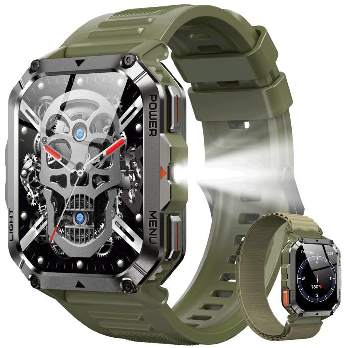 Montre connectée militaire batterie 900mAh écran 2.01  lampe et boussole  suivi cardiaque 2 Bracelet étanche résistante outdoor
