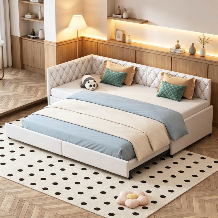 Canapé-lit convertible 90x200 cm lit gigogne lit escamotable 2 places sommier lattes velours petit espace salon beige