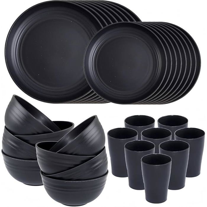 32 Pièces Services de Vaisselle en Plastique Incassable 8 x 25CM Assiettes Plates 8 x 20CM Assiettes à Salade 8 x 720ml SALADIER
