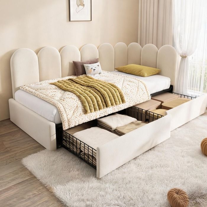 Sommier en velours beige-toned avec tiroirs de rangement 90x190 cm cadre à lattes inclus