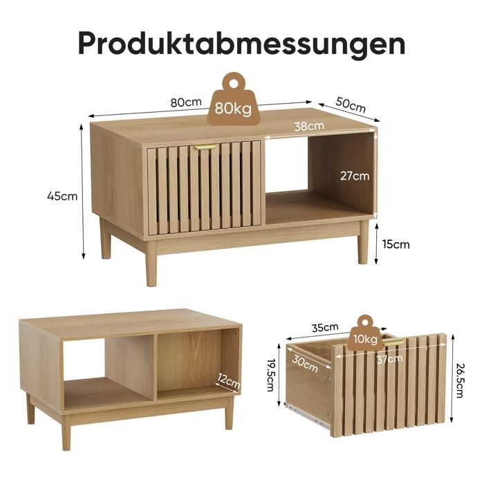Table basse rectangulaire 80 cm avec 1 tiroir et rangement ouvert coloris chêne pieds en bois massif ORVRYN