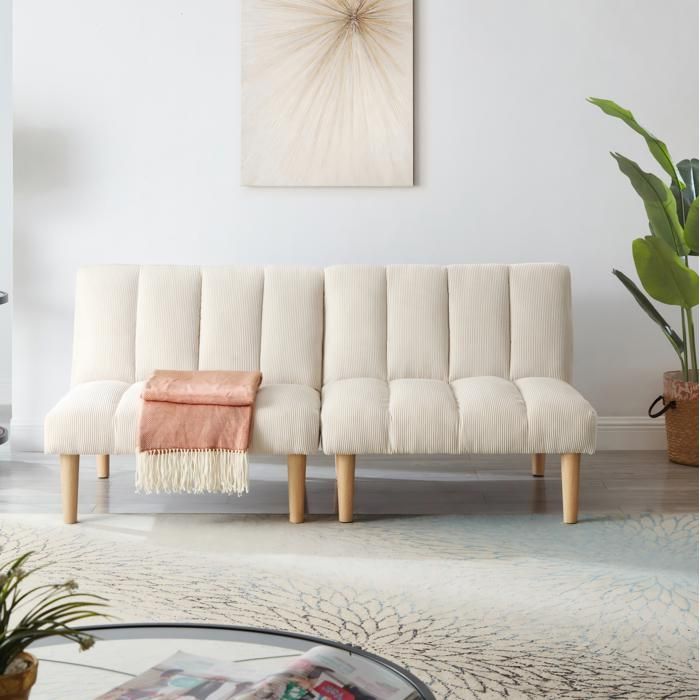 Canapé convertible 2 places AESVAR dossier réglable 3 positions velours côtelé beige 167 x 82 x 72 cm