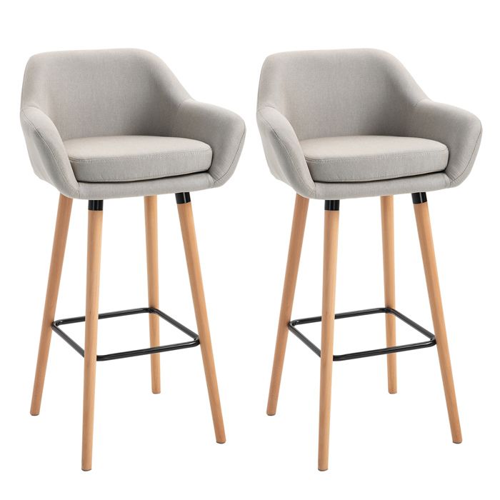 Lot de 2 tabourets de bar beiges avec dossier accoudoirs pieds en bois de hêtre et repose-pieds assise 80 cm