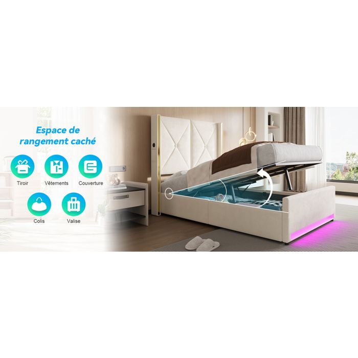 WOVREO Sommier coffre 90 x 200 cm en velours beige avec tête de lit haute capitonnée USB Type-C et LED