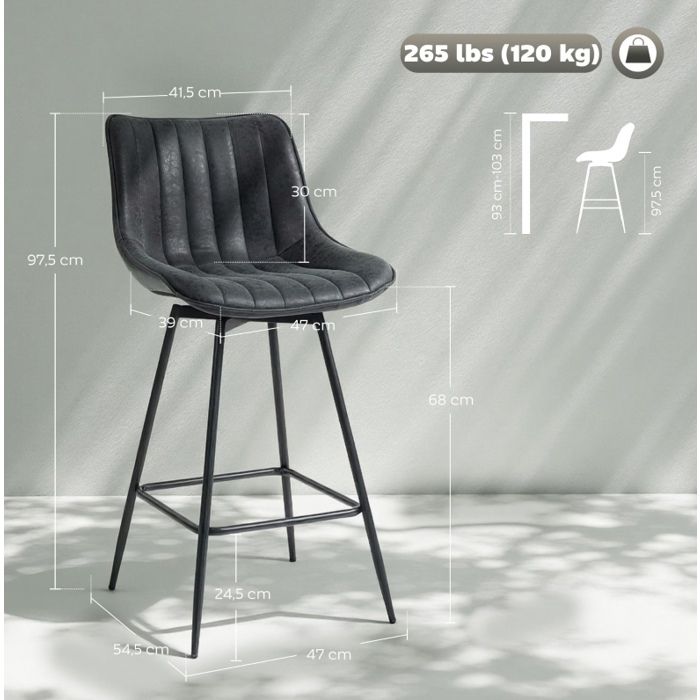 Tabouret de bar pivotant lot de 2 68 cm avec dossier rembourre revetement PU noir structure acier ORVRYN