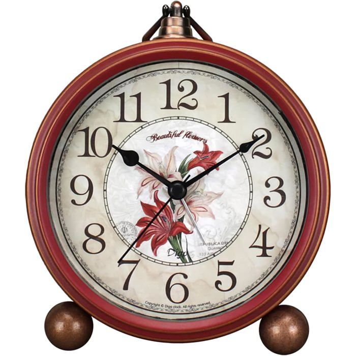 Horloge de table rétro  - Métal rouge - Mouvement à quartz silencieux - Affichage analogique - Alarme intégrée