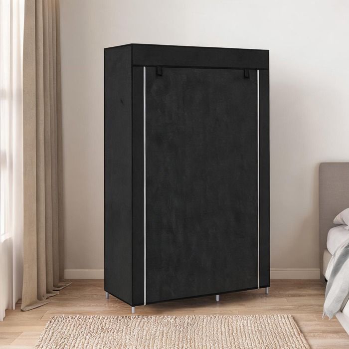 Armoire penderie noire en acier et non tissé 6 étagères et barre de suspension rangement optimal