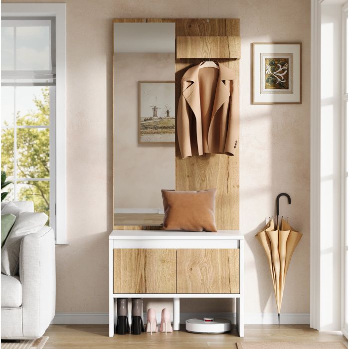 Meuble dentree 60 x 38 x 145 cm en panneaux de particules blanc et decor bois avec miroir portant banc a chaussures et 2 tiroirs