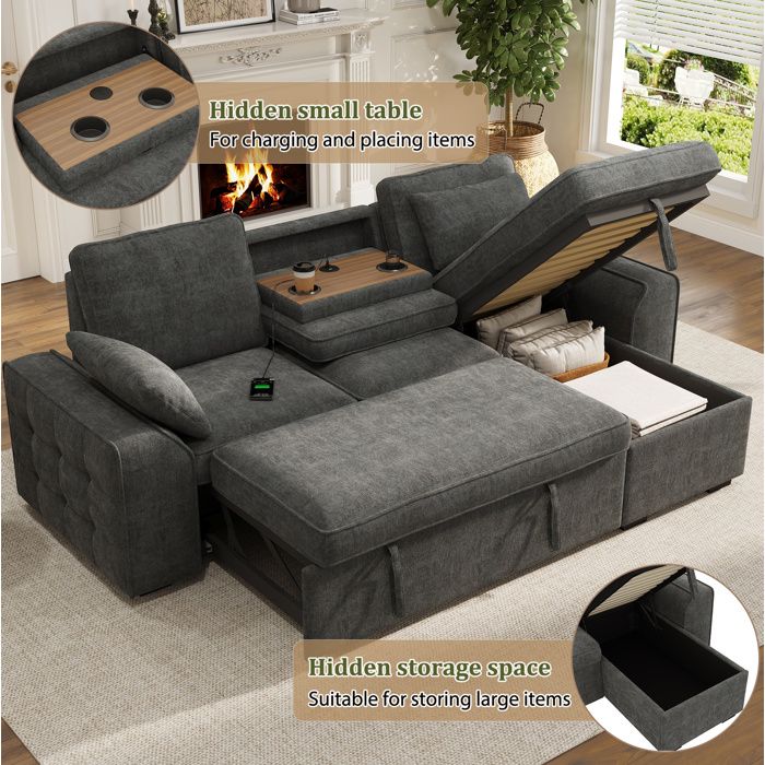 Canapé dangle convertible 3 places 237x141x86 cm avec coffre port USB porte-gobelets chenille gris JOINERY