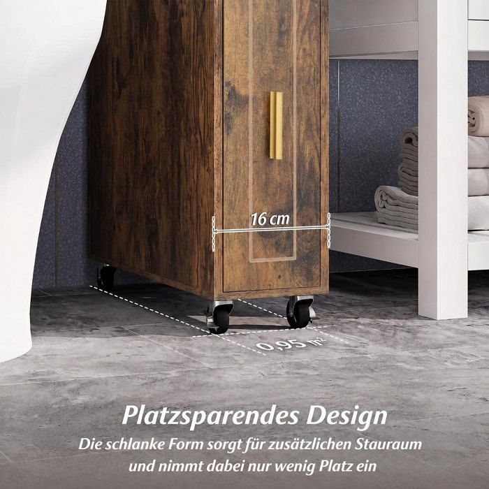 Petit meuble de salle de bain organisateur étroit de 16 cm avec tiroir coulissant porte-tissus marron
