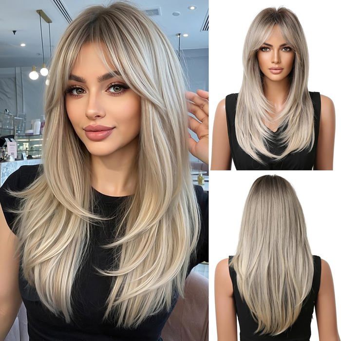 Perruque Femme Longue Droite Blond avec Frange - Synthétique Châtain Cuivré Résistante à la Chaleur - pour Quotidien et Fête
