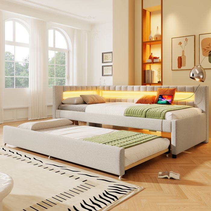 Lit gigogne 90x200 cm en lin dans un coloris beige couchage inférieur extractible ports USB éclairage LED sans matelas