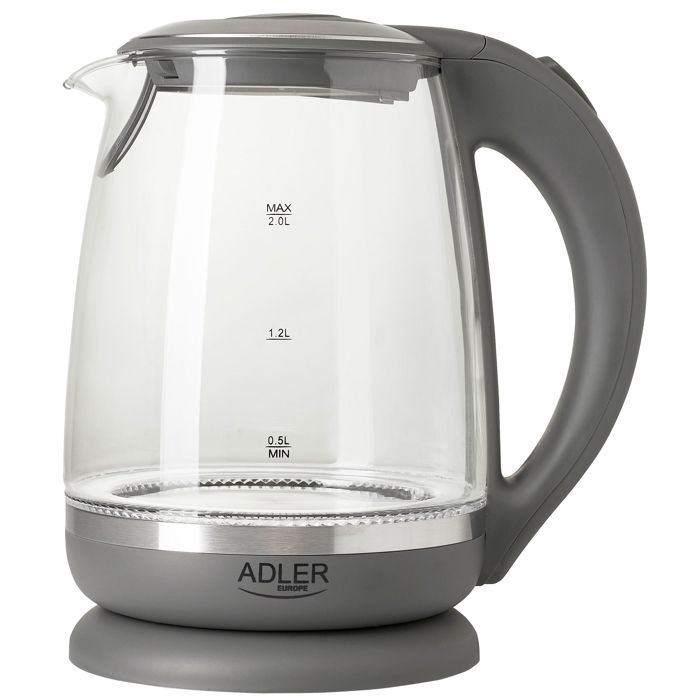Bouilloire Électrique en Verre 2 Litre Intérieur Éclairé sans Fil Adler AD1286 2200W Gris Bouilloire Électrique en Verre 2 Litre Intérieur Éclairé sans Fil Adler AD1286 2200W Gris