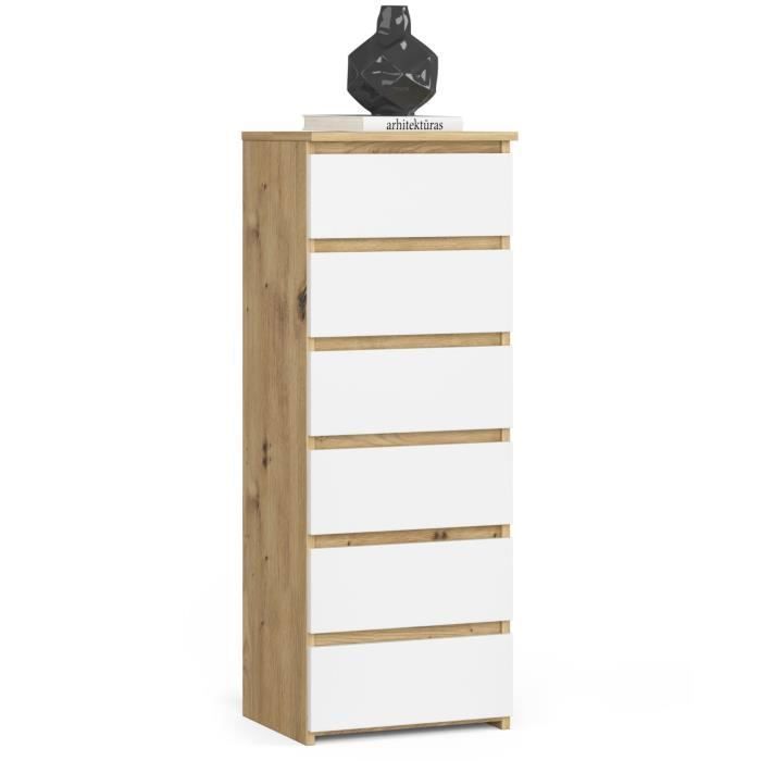 Commode AKORD CL6 Chêne Artisan 40 cm 6 tiroirs façade Blanche 40x35x109 cm Commode AKORD CL6 Chêne Artisan 40 cm 6 tiroirs façade Blanche 40x35x109 cm
