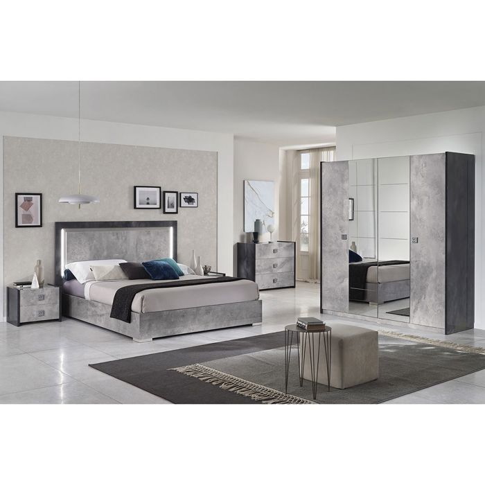 HYDE - Chambre Complète 160x200cm Gris Effet Pierre avec Leds HYDE - Chambre Complète 160x200cm Gris Effet Pierre avec Leds