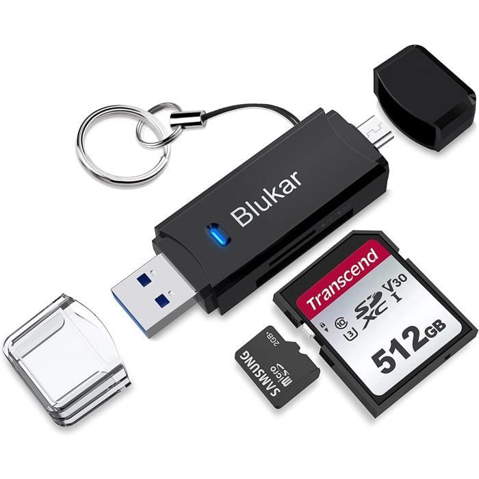 Lecteur de carte mémoire, lecteur de carte SD/Micro SD et adaptateur Micro  USB OTG vers