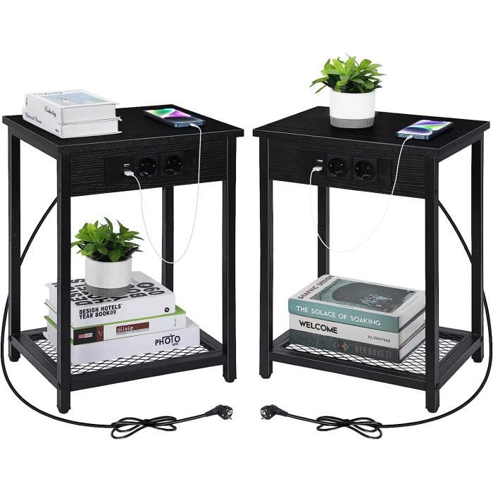 Lot De 2 Tables De Chevet HOOBRO Avec Prises USB - Tiroirs, Étagères - Style Industriel Marron/Noir