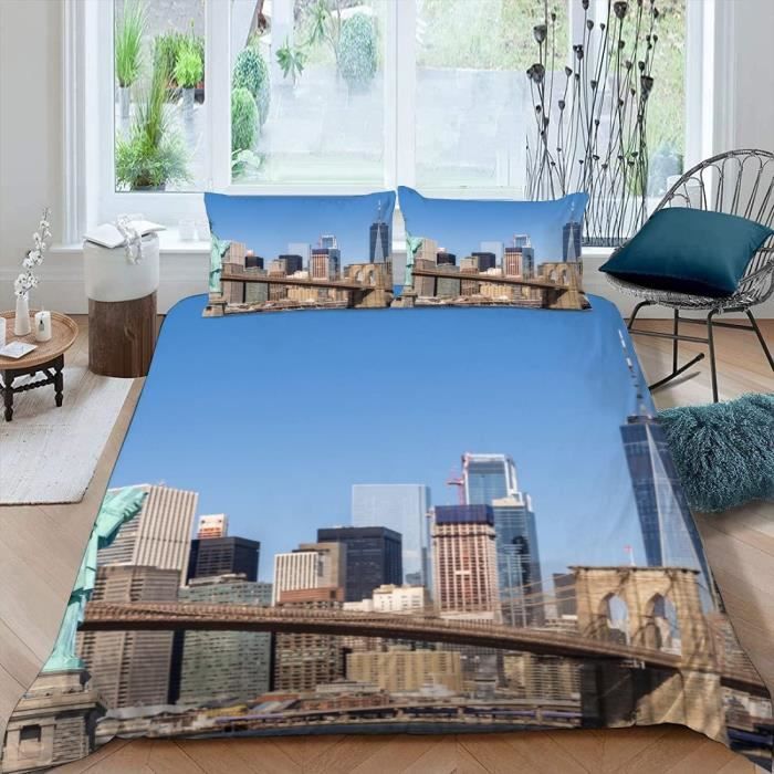 Housse De Couette 90x190 Cm Avec Taie D'Oreiller 65x65 - Imprimé Urbain Pont Nuit - Microfibre Douce - Pour Fille, Garçon, Ado