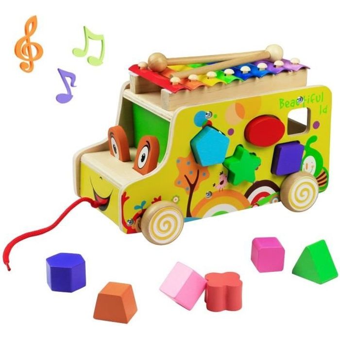 Premier Cadeau pour Enfant 1 an 2 Ans,Jouet Bus Cube en Bois D