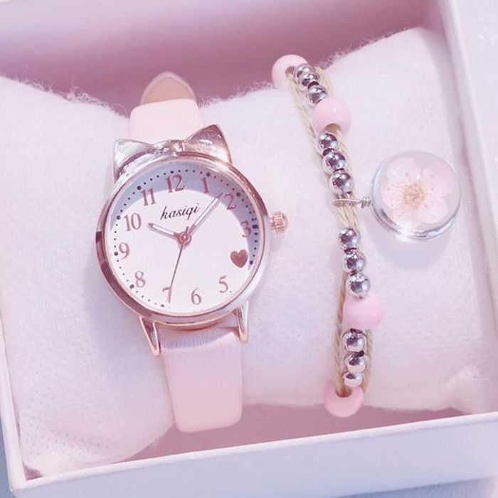 Coffret Cadeau Montre Fille Enfant - Mignon Chat Montre Bracelet Fille  Fleur- Montre à Quartz en cuir - Blanc rose Cadeau Enfant