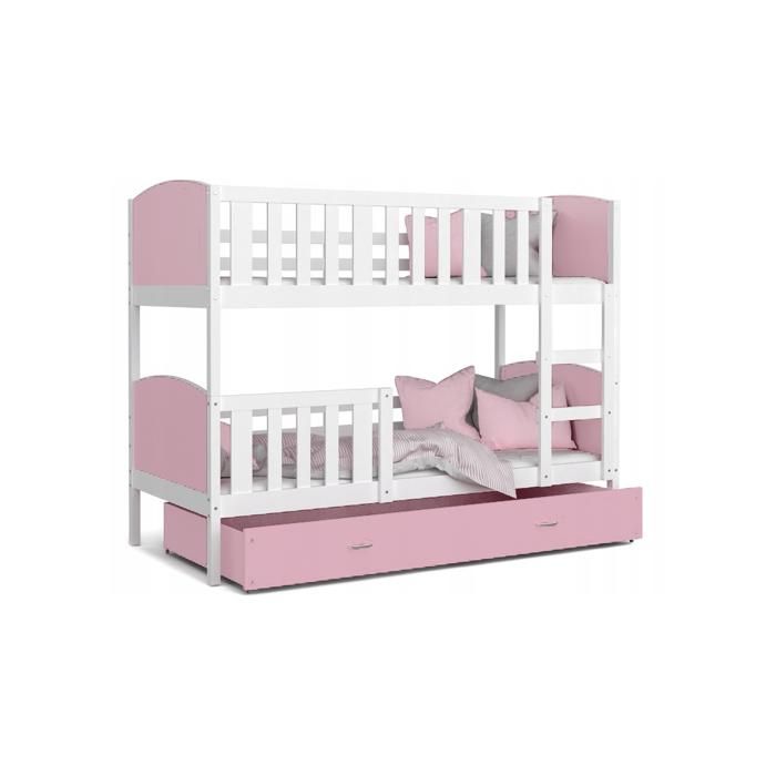 Lit superposé 3 places Tomy 90x190 BLANC ROSE Livré avec 3 sommiers et 3 matelas en mousse de 7cm OFFERTS