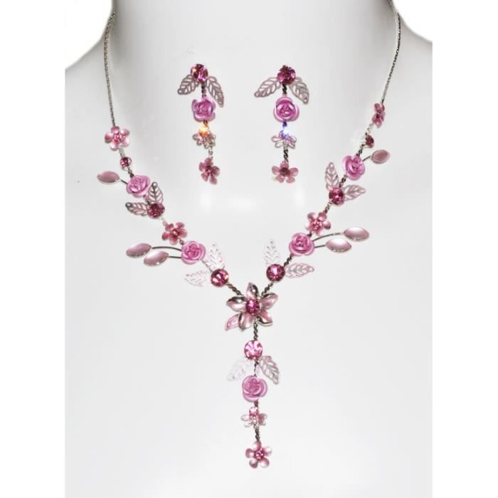 Collier Rose Fushia Argenté Avec Perles - Pour Robe De Mariée Ou Cérémonie - Neuf Avec étiquettes